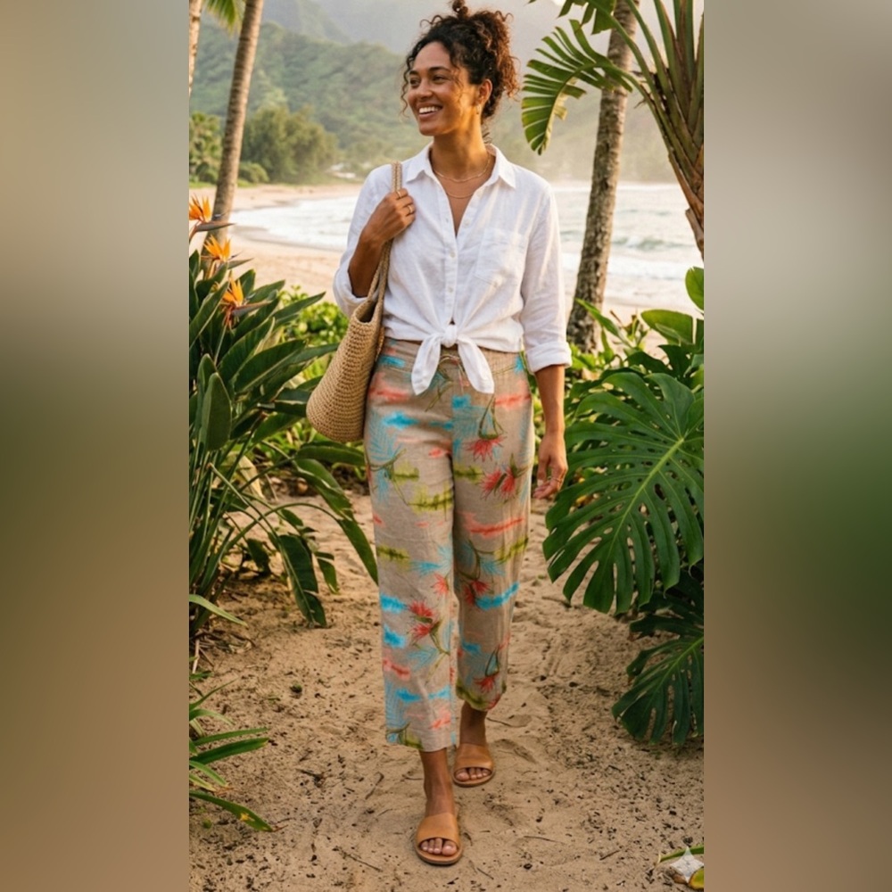Peck And Peck Pants Womens 10 Beige Linen Cropped Floral Beach Ladies ankle